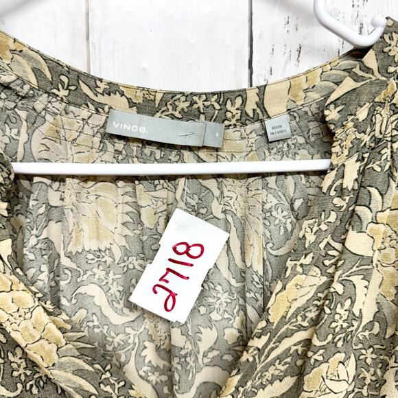 Vince Shirt Women Size Medium Georgette Floral Silk Slit Neck Long Sleeve Blouse - Picture 2 of 6